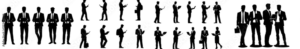 A collection of detailed silhouettes of businessmen in suits, each holding different business items. It's an easily editable layered modern illustration A collection of detailed silhouettes of businessmen in suits, each holding different business items. It's an easily editable layered modern illustration