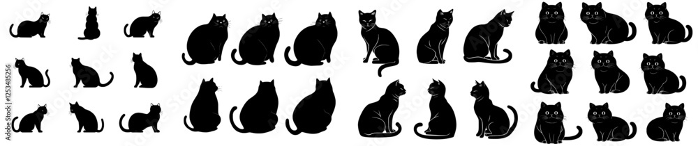 A set of four modern black cat silhouettes isolated on a white background A set of four modern black cat silhouettes isolated on a white background