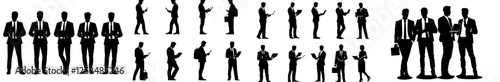 A collection of detailed silhouettes of businessmen in suits, each holding different business items. It's an easily editable layered modern illustration