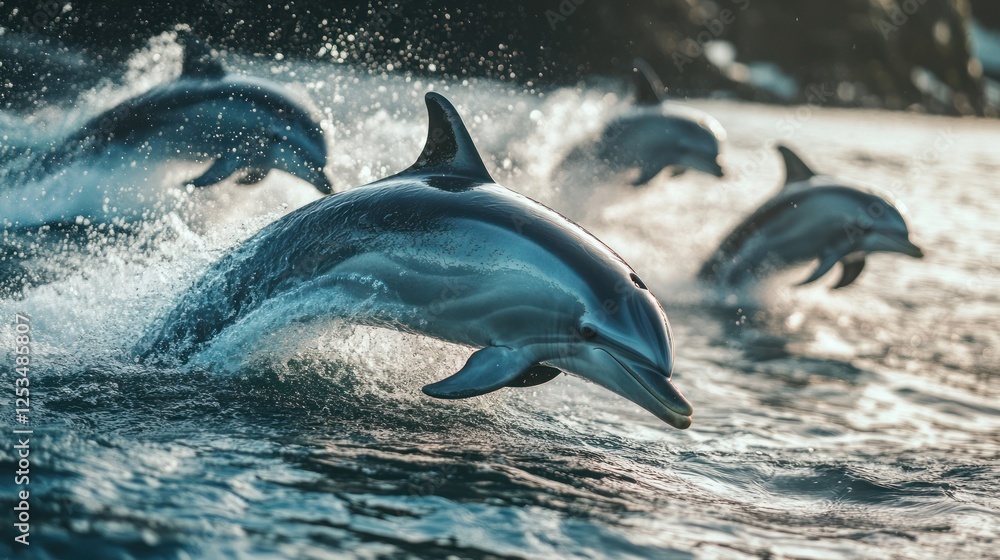 Fototapeta premium Striped Dolphins Leap and Play in Ocean Waves: A Stunning Wildlife Scene