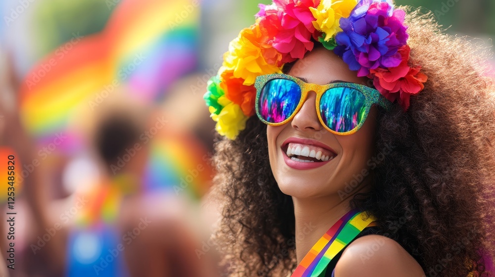 Obraz premium Joyful woman celebrating at a vibrant pride parade, surrounded by colorful decorations and people