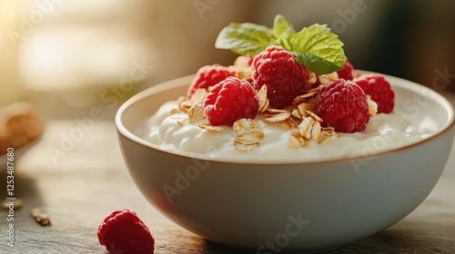 A healthy bowl of yogurt topped with fresh raspberries and oats, presenting a nutritious and visually appealing breakfast option that delights both the eyes and taste buds. photo