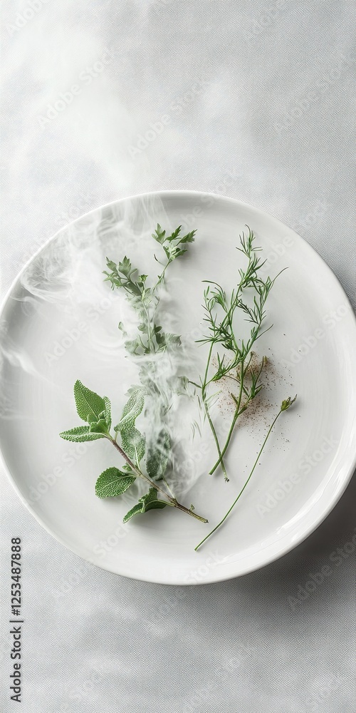 Fresh herbs on a white plate with swirling smoke Fresh herbs on a white plate with swirling smoke