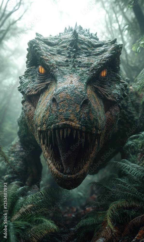 Majestic dinosaur roams lush prehistoric jungle at dusk Majestic dinosaur roams lush prehistoric jungle at dusk