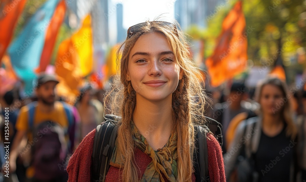Young activist smiling in vibrant city protest against social issues Young activist smiling in vibrant city protest against social issues
