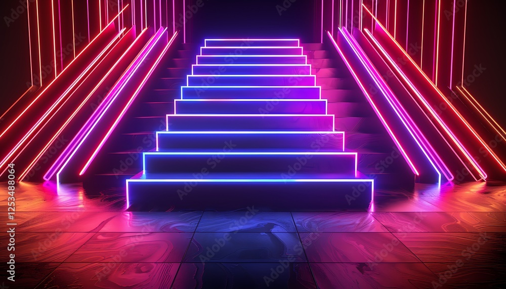 Vibrant neon lines forming stair shapes on a black floor, creating an abstract stage with a futuristic feel. Vibrant neon lines forming stair shapes on a black floor, creating an abstract stage with a futuristic feel.