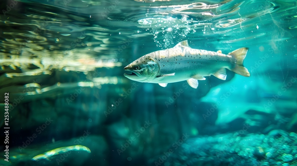 Naklejka premium Graceful Salmon Dive Majestic Performance in a Crystal Clear Water Tank