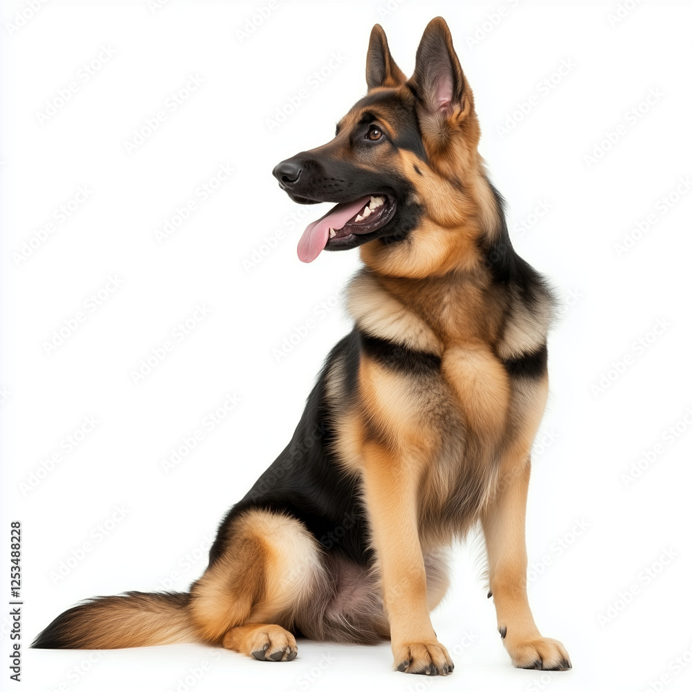 Beautiful German Shepherd Dog Sitting Proudly with Alert Expression and Shiny Coat Against White Background Beautiful German Shepherd Dog Sitting Proudly with Alert Expression and Shiny Coat Against White Background
