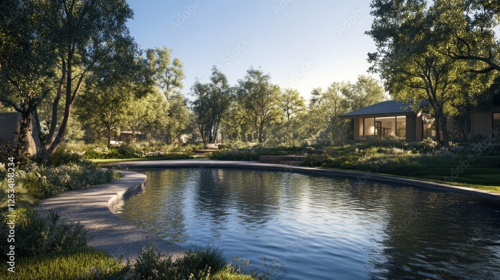 Obraz premium Serene Lakeside Retreat: Modern Architecture in a Lush Green Landscape