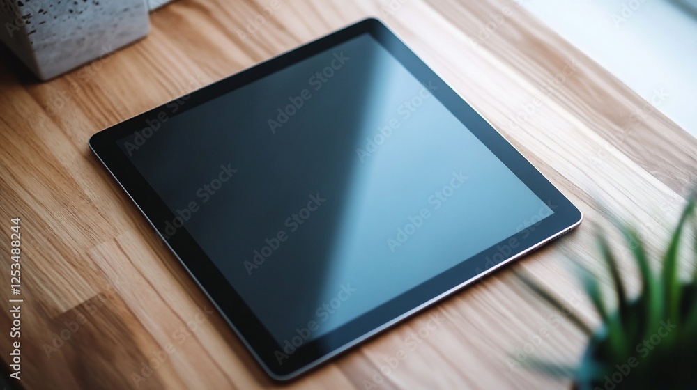 Modern tablet device on a wooden desk with a plant in a corner, minimalist setup Modern tablet device on a wooden desk with a plant in a corner, minimalist setup