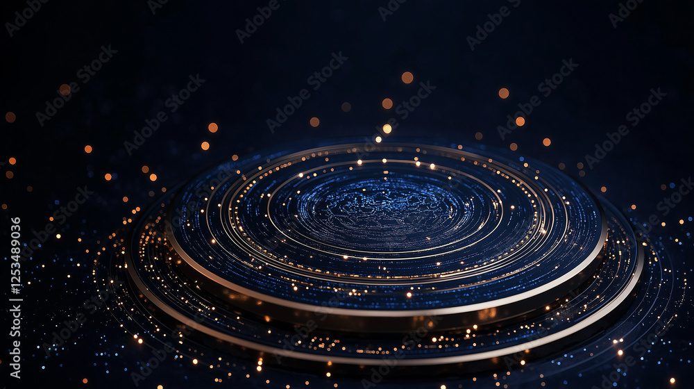 Fototapeta premium Celestial Platform: An abstract, otherworldly platform with concentric rings glows with a mystical energy, surrounded by sparkling particles against a deep blue backdrop.