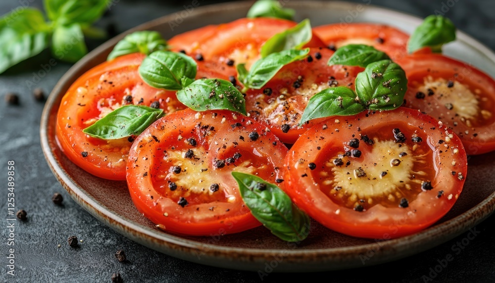 Fresh tomato basil salad with pepper on dark plate Fresh tomato basil salad with pepper on dark plate