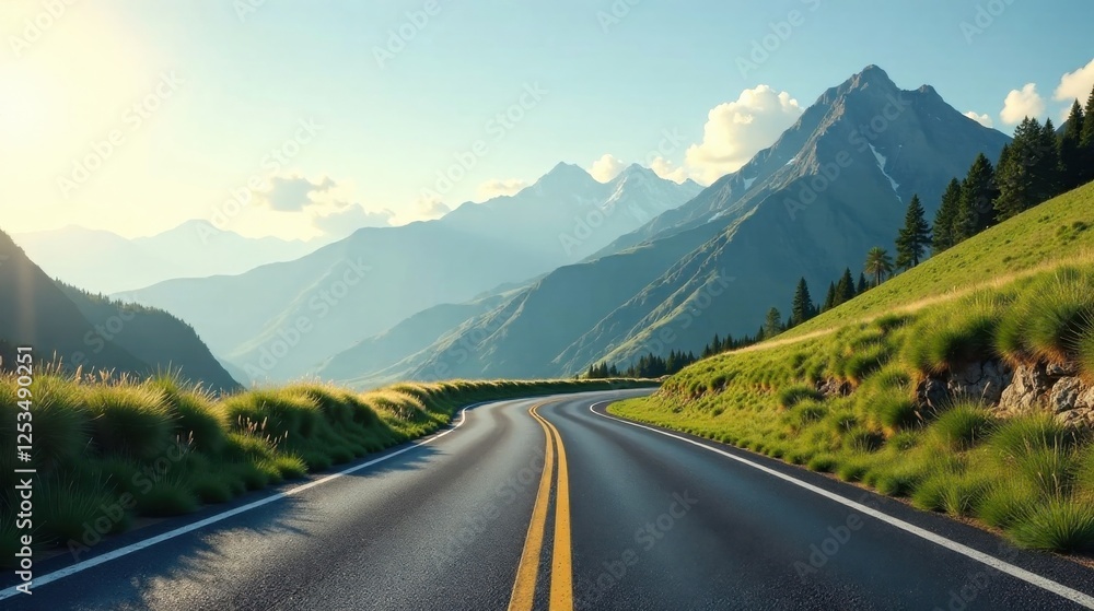 Naklejka premium Asphalt ribbon unwinding through a majestic mountain panorama, bathed in the golden light of a setting sun, a scenic drive promising breathtaking views and tranquil moments