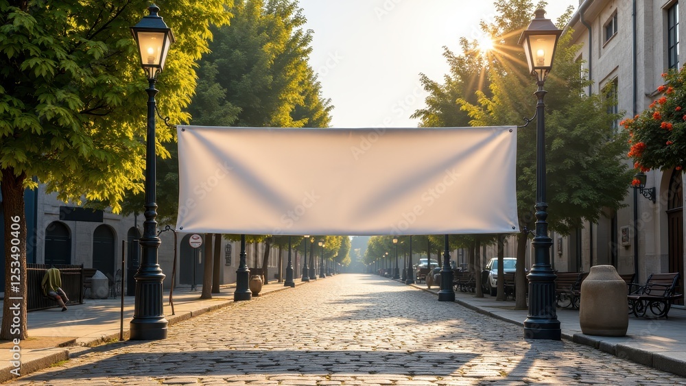 Banner in a Park Mockup, Cobblestone path and lampposts with a hanging banner. Banner in a Park Mockup, Cobblestone path and lampposts with a hanging banner.