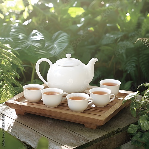 Wallpaper Mural Serene Tea Ceremony: White Teapot and Cups on Bamboo Tray in Garden Torontodigital.ca