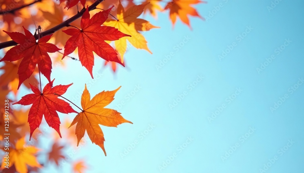 Maple leaves rustling in the gentle autumn breeze against a pale blue sky, blue, fall, sky Maple leaves rustling in the gentle autumn breeze against a pale blue sky, blue, fall, sky