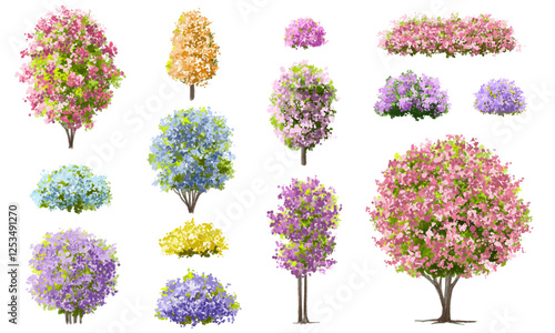  Vector watercolor blooming flower tree or forest side view isolated on white background for landscape and architecture drawing,elements for environment or and garden,green tree for garden section 