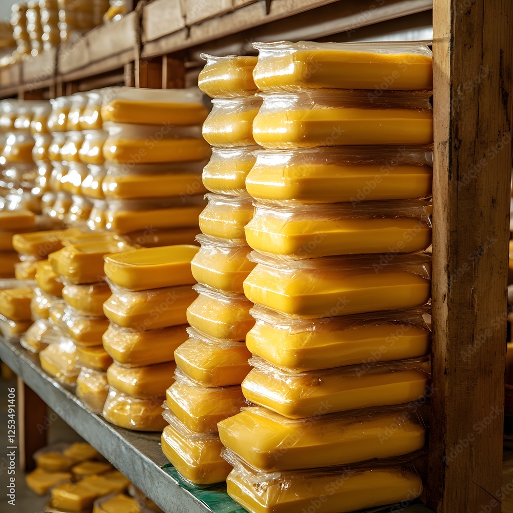 Stacks of Wrapped Yellow Cheese Blocks in Warehouse Stacks of Wrapped Yellow Cheese Blocks in Warehouse