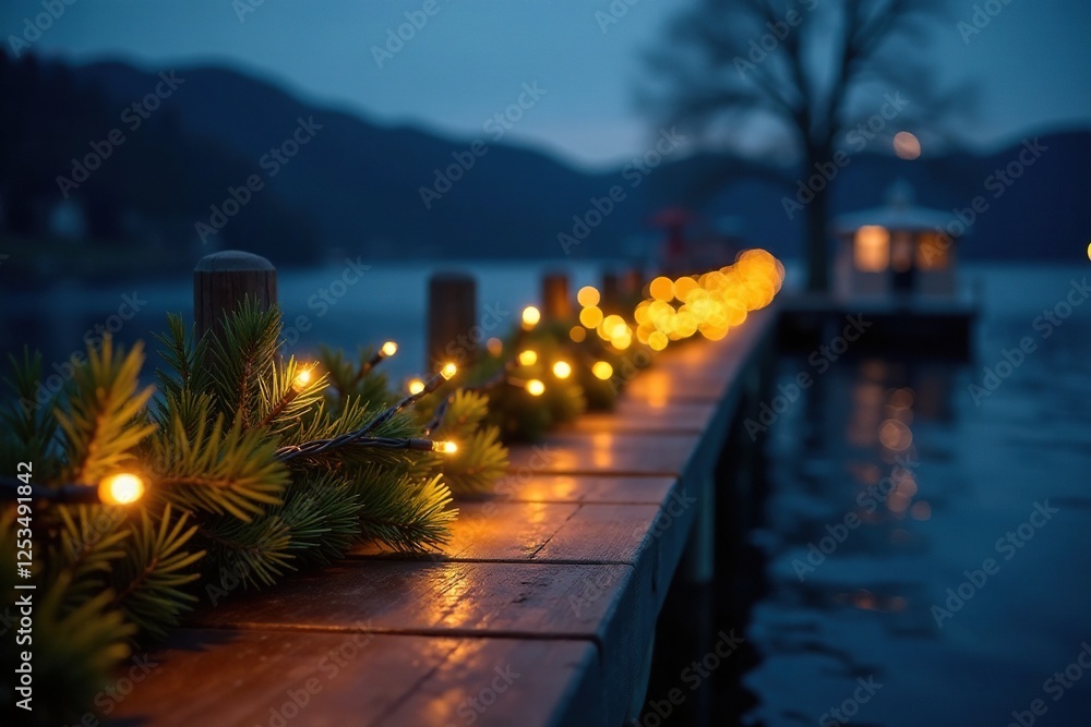 Fototapeta premium Navy blue and gold Christmas lights strung along a wooden dock, lights, garland