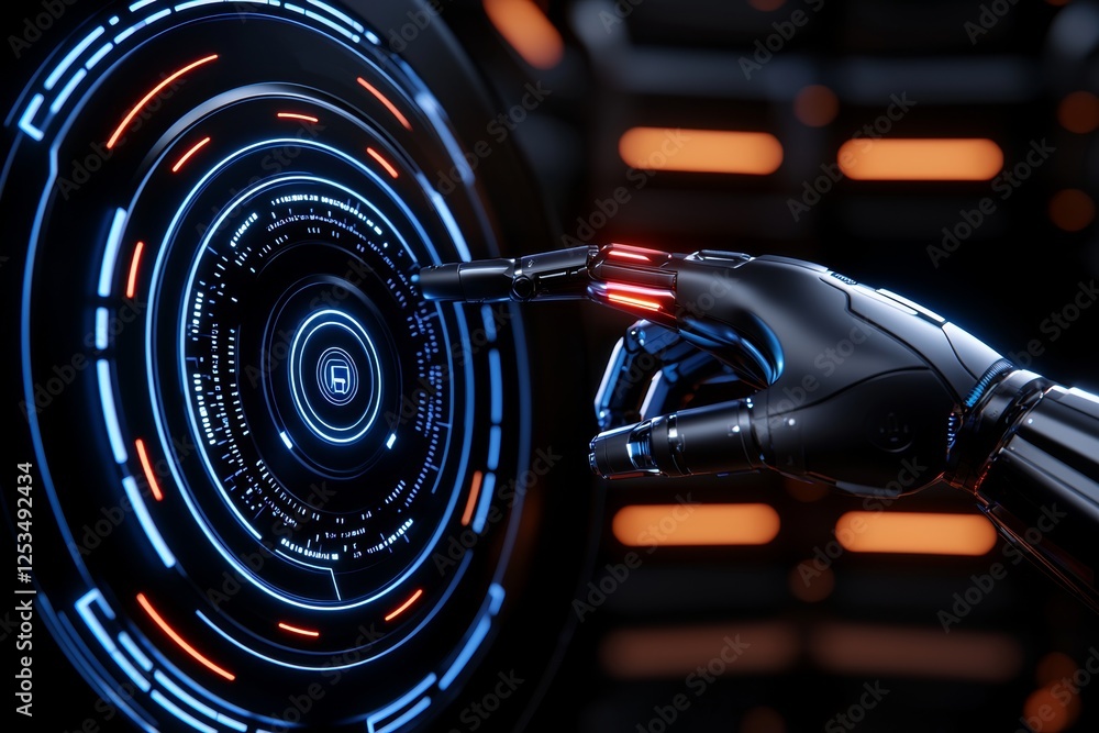 Fototapeta premium A futuristic robotic hand interacts with a glowing circular interface, showcasing advanced technology and digital connectivity.