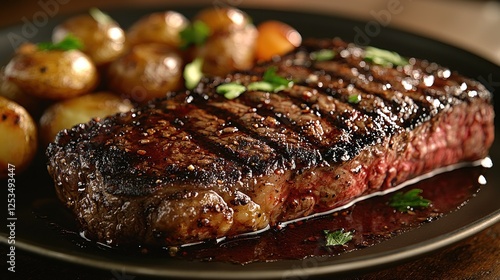 Grilled steak with roasted potatoes, herbs, and sauce on a dark plate