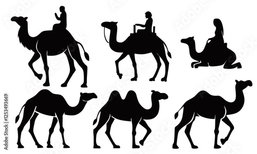 set of camel silhouette. camel riders silhouettes. Camel animal silhouettes. arab and dubai people riding camel