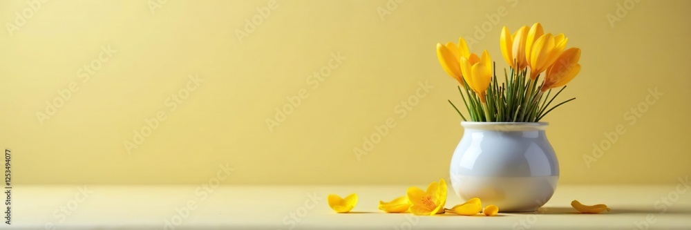 Spring crocus flowers filling a white and yellow ceramic jar, petals, yellow, spring Spring crocus flowers filling a white and yellow ceramic jar, petals, yellow, spring