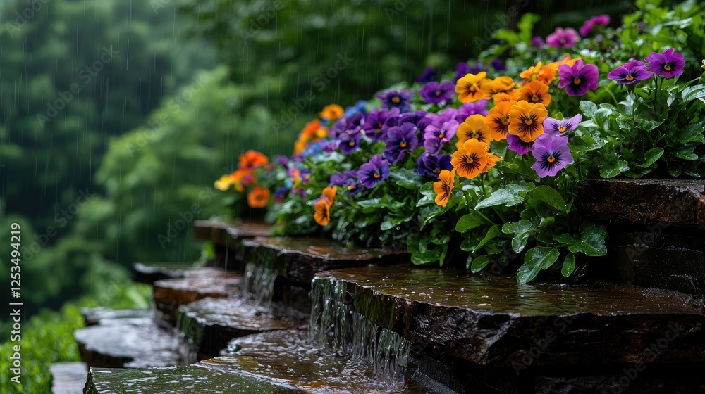 Obraz premium Colorful pansy flowers bloom on a stone terrace waterfall during a gentle rain in a lush green garden.