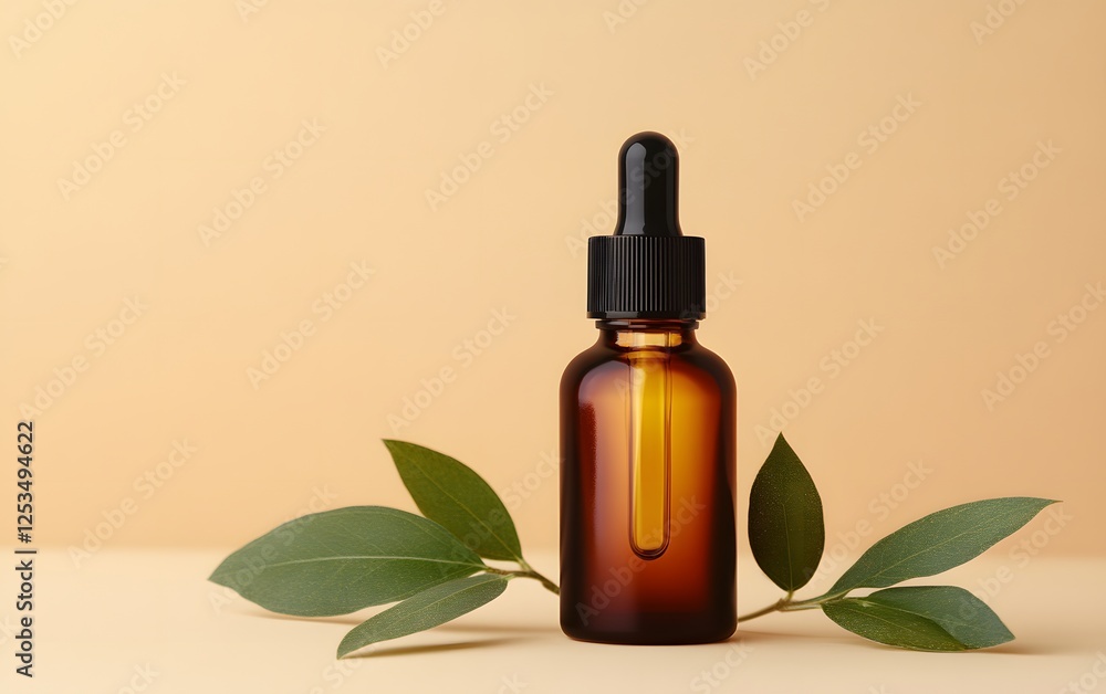 Amber Glass Dropper Bottle with Green Leaves Natural Essential Oil Product Amber Glass Dropper Bottle with Green Leaves Natural Essential Oil Product