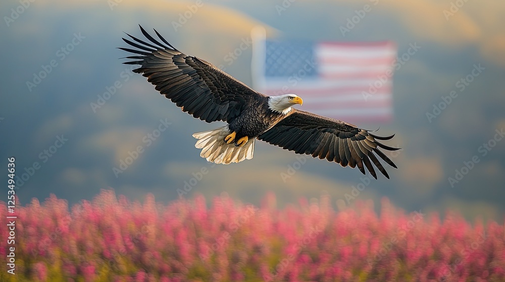 Obraz premium Bald eagle soaring above a field of wildflowers with an American flag in the background during sunset