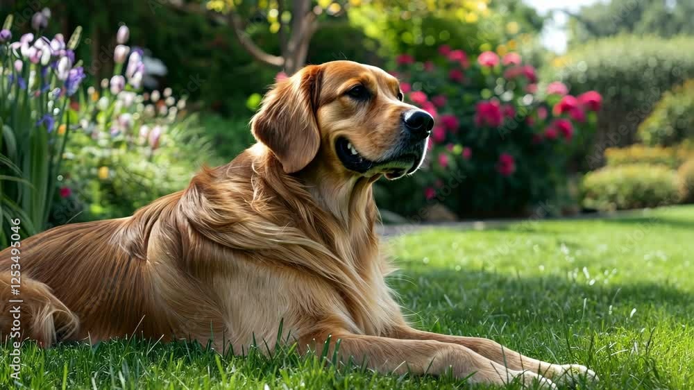 Relaxed golden retriever in lush garden setting AI Relaxed golden retriever in lush garden setting AI