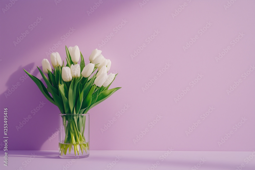 Fresh white tulips in a clear vase on a pastel purple background creating a tranquil atmosphere Fresh white tulips in a clear vase on a pastel purple background creating a tranquil atmosphere