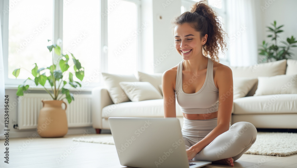An athletic woman is sitting on the floor with a laptop An athletic woman is sitting on the floor with a laptop