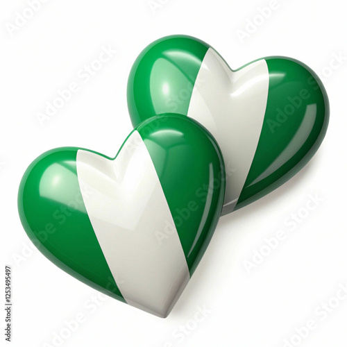 Two green and white hearts, 3D-rendered and isolated