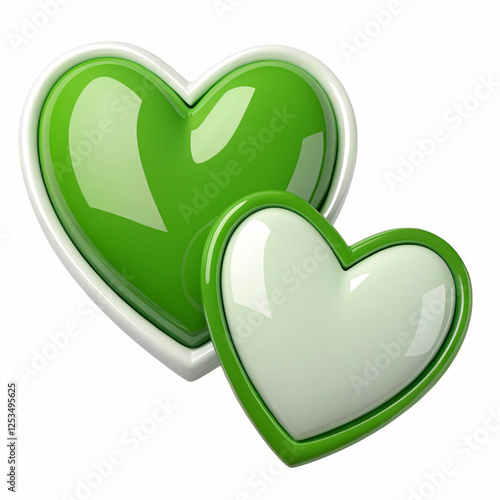 Two green and white hearts, 3D-rendered and isolated