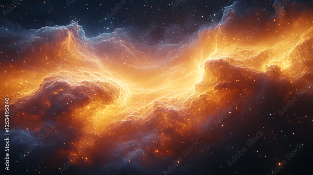 Fototapeta premium Vibrant cosmic nebula showcases fiery clouds and sparkling stars in a deep space panorama