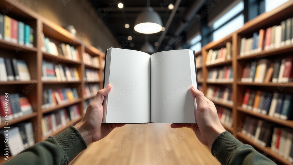 Book Mockup in Hands, Bookstore backdrop photorealistic open book in invisible hands showing blank pages. Book Mockup in Hands, Bookstore backdrop photorealistic open book in invisible hands showing blank pages.