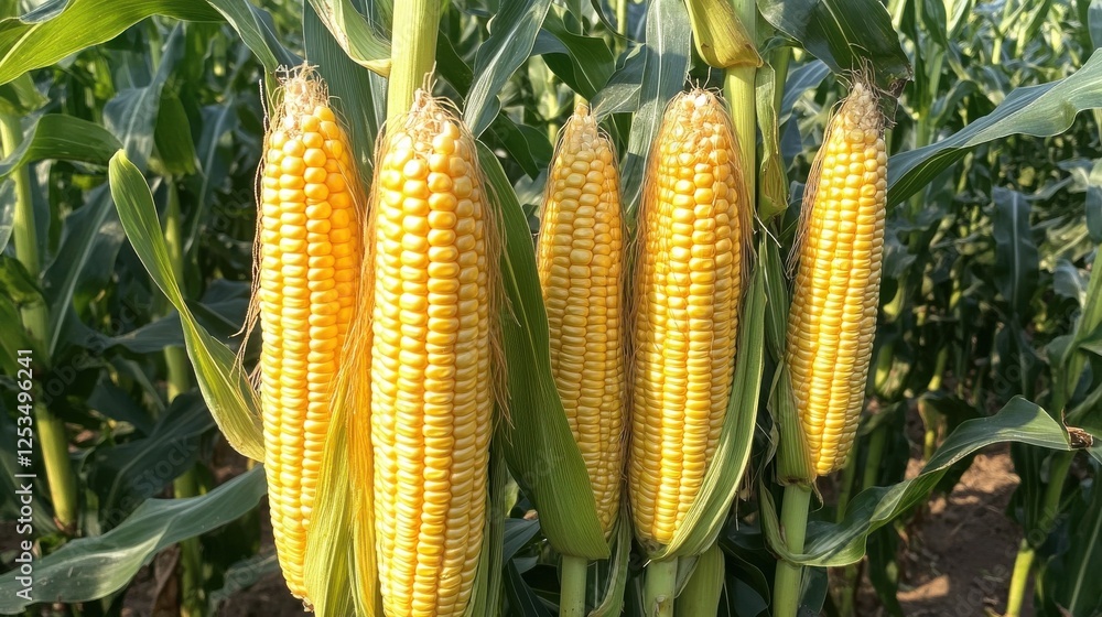 A row of mature corn plants with big, golden cobs ready for harvest, standing tall in the fields under the warm glow of the afternoon sun. A row of mature corn plants with big, golden cobs ready for harvest, standing tall in the fields under the warm glow of the afternoon sun.