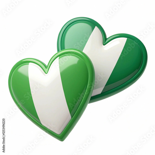 Two green and white hearts, 3D-rendered and isolated