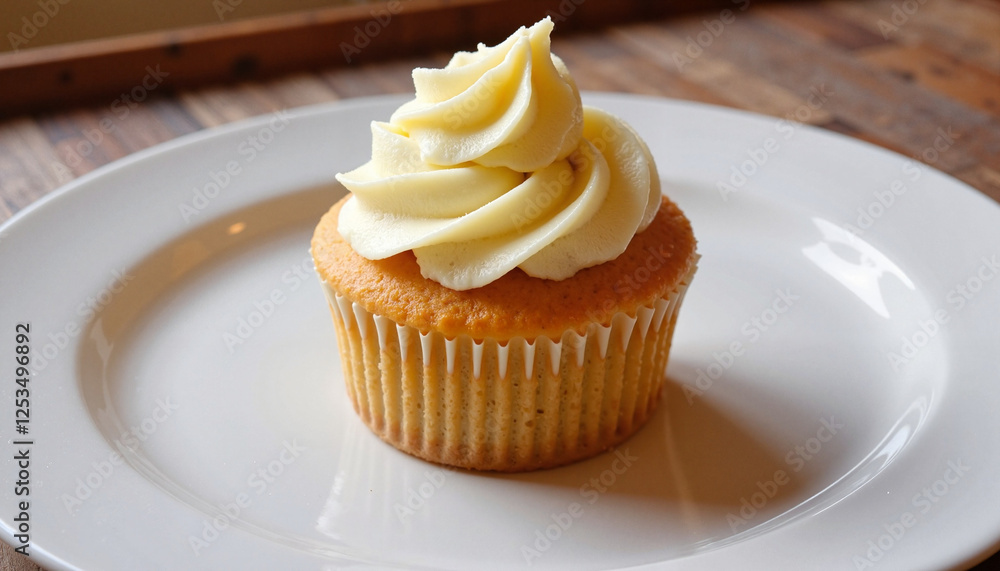 Golden cupcake with creamy frosting on white plate, dessert delight Golden cupcake with creamy frosting on white plate, dessert delight
