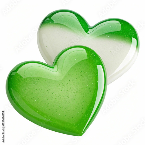 Two green and white hearts, 3D-rendered and isolated