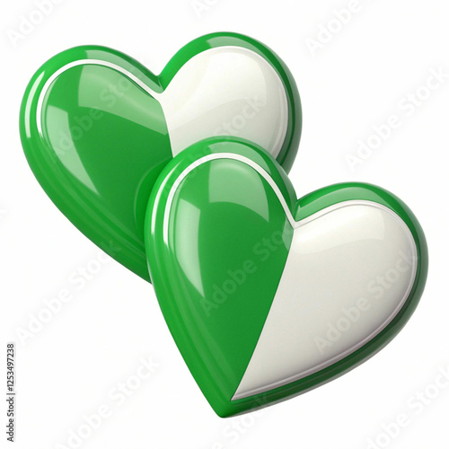 Two green and white hearts, 3D-rendered and isolated