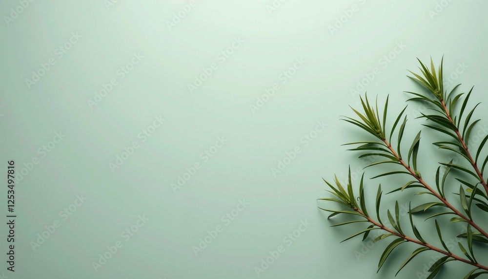 Fototapeta premium Muted sage background with myrtle branches, the basis for a postcard, copy space