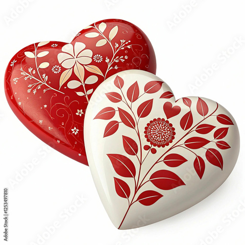 Two red and white hearts, 3D-rendered and isolated