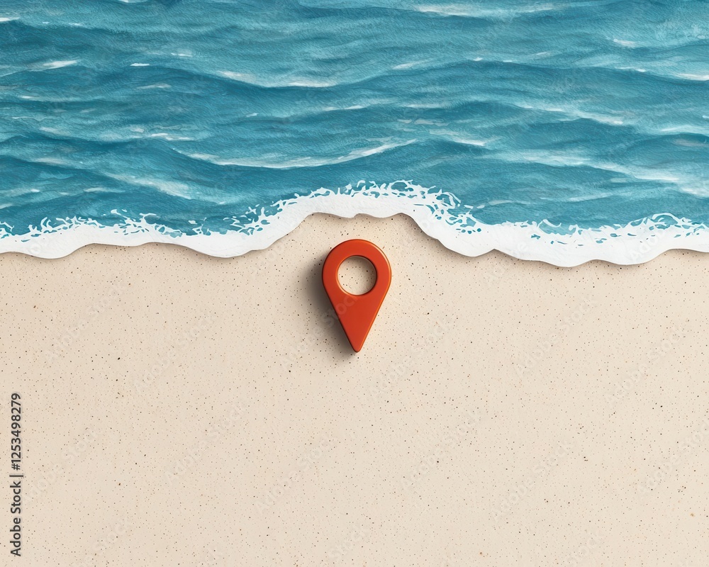 Obraz premium Beach scene with a location pin on sand and wavy water nearby.