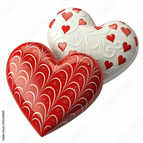 Two red and white hearts, 3D-rendered and isolated