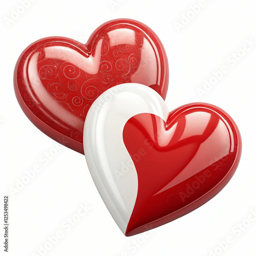 Two red and white hearts, 3D-rendered and isolated