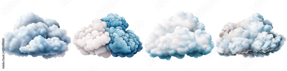 Serene ambiance relaxing and spiritual watercolor, A collection of fluffy, voluminous clouds in various shades and formations, showcasing different textures and colors. Serene ambiance relaxing and spiritual watercolor, A collection of fluffy, voluminous clouds in various shades and formations, showcasing different textures and colors.