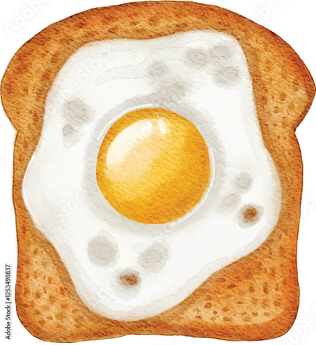 A watercolor illustration of a crispy golden brown toast topped with a sunny-side-up fried egg. The egg yolk appears glossy, and the soft egg white blends smoothly with the textured toast on a white b