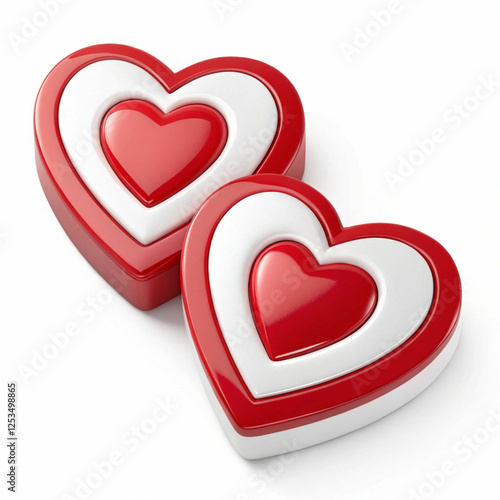 Two red and white hearts, 3D-rendered and isolated